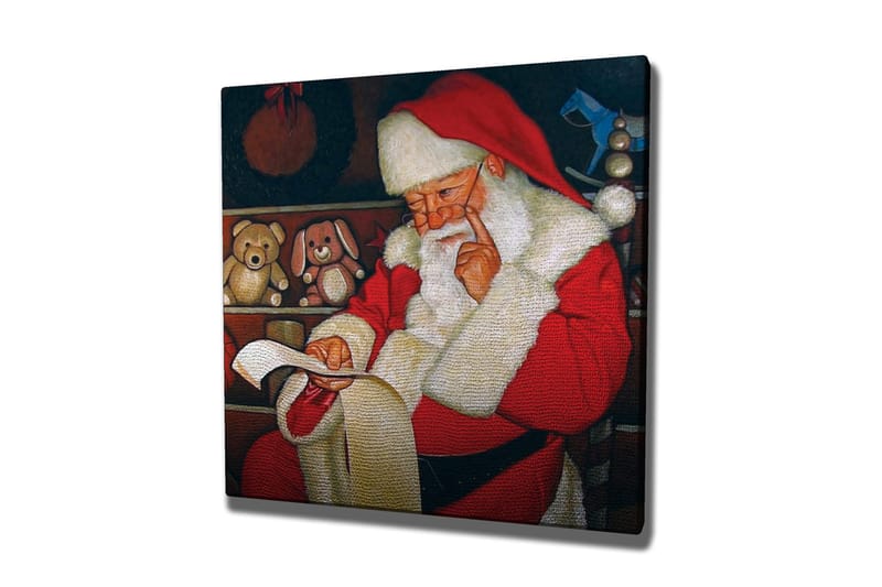 Lerretsbilde 45x45 cm - Julenissen leser en liste med leker i koselige omgivelser - Rød / Hvit / Brun - Innredning - Bilder & kunst - Lerretsbilder