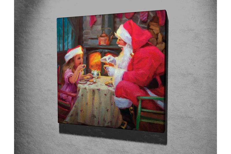 Lerretsbilde 45x45 cm - Julestemning med julenissen og barn som deler en kopp varm sjokolade - Rød / Beige / Grønn - Innredning - Bilder & kunst - Lerretsbilder