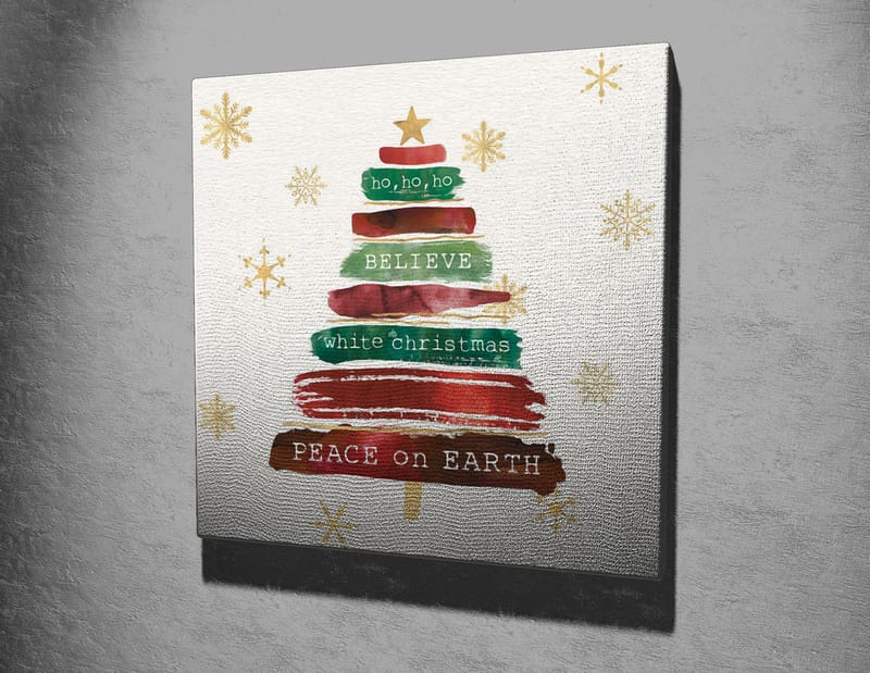 Lerretsbilde 45x45 cm - Juletre med tekst og pynt - Grønn / Rød / Brun - Innredning - Bilder & kunst - Lerretsbilder