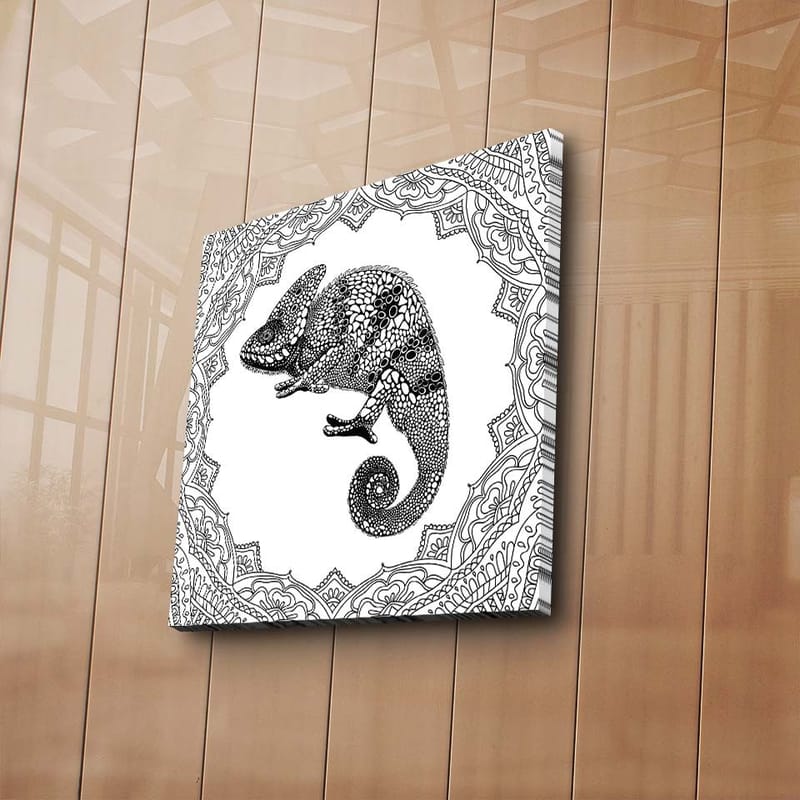 Lerretsbilde 45x45 cm - Kameleon i detaljert svart-hvitt-stil - Svart / Hvit - Innredning - Bilder & kunst - Lerretsbilder