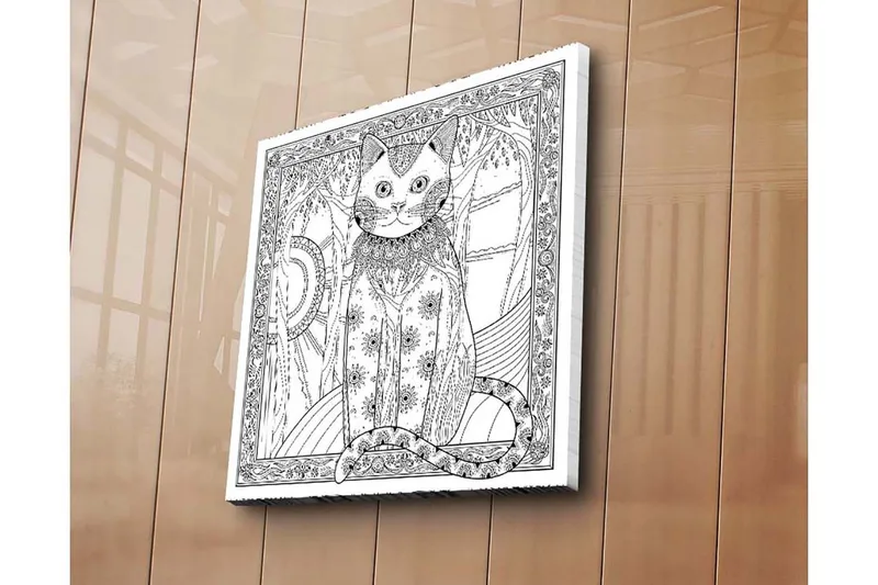 Lerretsbilde 45x45 cm - Katt med detaljert mønster og ornamentikk - Svart / Hvit - Innredning - Bilder & kunst - Lerretsbilder