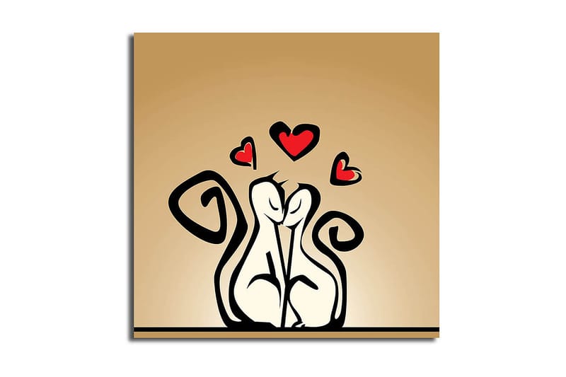 Lerretsbilde 45x45 cm - Kjærlig par med stiliserte figurer med hjerter over, Svart / Rød / Beige