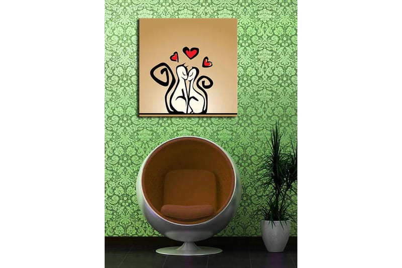 Lerretsbilde 45x45 cm - Kjærlig par med stiliserte figurer med hjerter over - Svart / Rød / Beige - Innredning - Bilder & kunst - Lerretsbilder