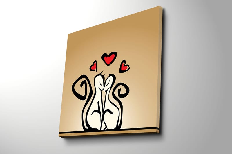 Lerretsbilde 45x45 cm - Kjærlig par med stiliserte figurer med hjerter over - Svart / Rød / Beige - Innredning - Bilder & kunst - Lerretsbilder