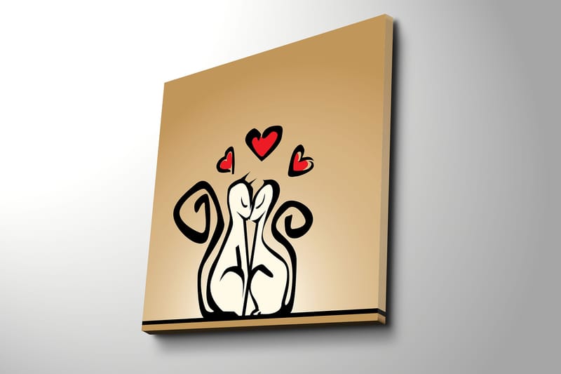 Lerretsbilde 45x45 cm - Kjærlig par med stiliserte figurer med hjerter over - Svart / Rød / Beige - Innredning - Bilder & kunst - Lerretsbilder