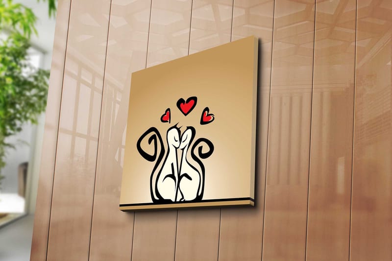 Lerretsbilde 45x45 cm - Kjærlig par med stiliserte figurer med hjerter over - Svart / Rød / Beige - Innredning - Bilder & kunst - Lerretsbilder