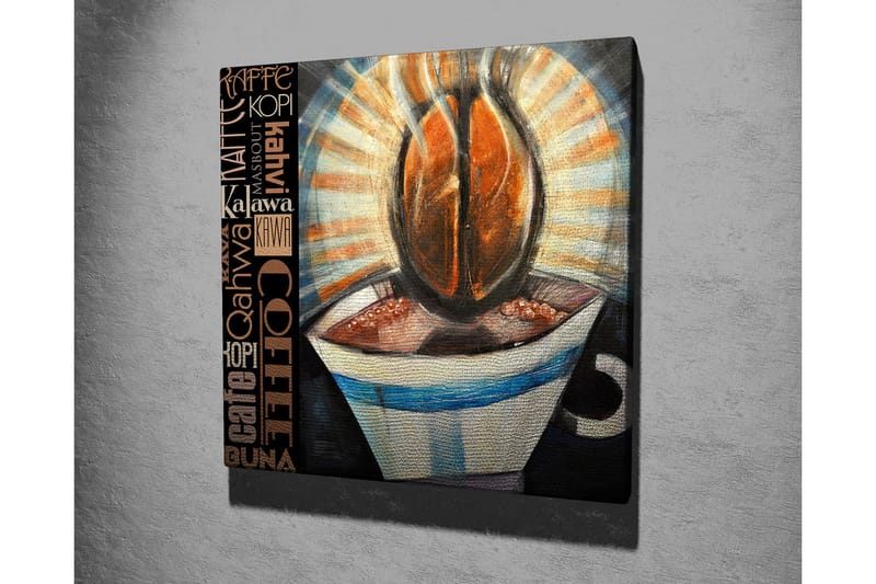 Lerretsbilde 45x45 cm - Kopp kaffe og kaffebønner i fokus - Brun / Svart / Blå - Innredning - Bilder & kunst - Lerretsbilder