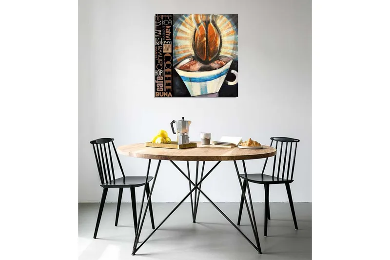 Lerretsbilde 45x45 cm - Kopp kaffe og kaffebønner i fokus - Brun / Svart / Blå - Innredning - Bilder & kunst - Lerretsbilder