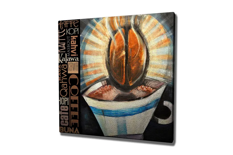 Lerretsbilde 45x45 cm - Kopp kaffe og kaffebønner i fokus - Brun / Svart / Blå - Innredning - Bilder & kunst - Lerretsbilder