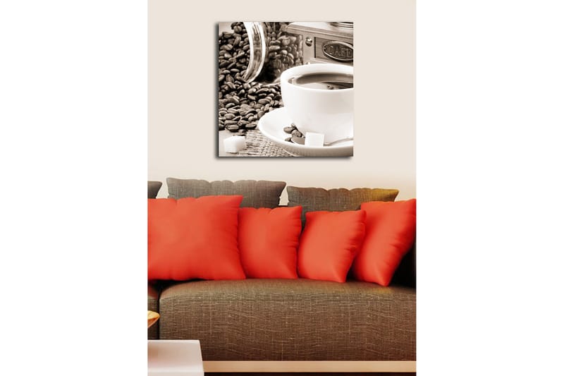 Lerretsbilde 45x45 cm - Kopp kaffe omgitt av kaffebønner og sukkerbiter - Brun / Hvit / Grå - Innredning - Bilder & kunst - Lerretsbilder