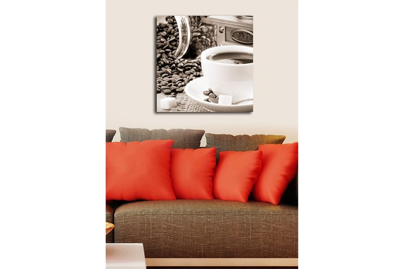 Lerretsbilde 45x45 cm - Kopp kaffe omgitt av kaffebønner og sukkerbiter - Brun / Hvit / Grå - Innredning - Bilder & kunst - Lerretsbilder