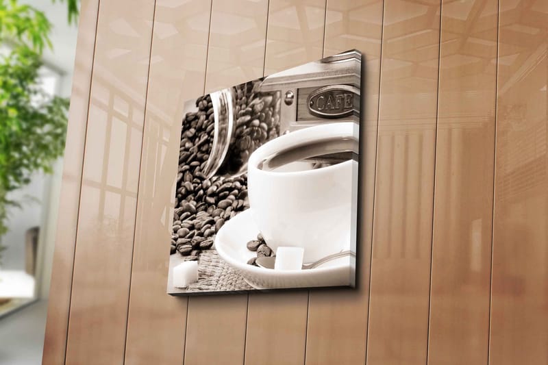 Lerretsbilde 45x45 cm - Kopp kaffe omgitt av kaffebønner og sukkerbiter - Brun / Hvit / Grå - Innredning - Bilder & kunst - Lerretsbilder