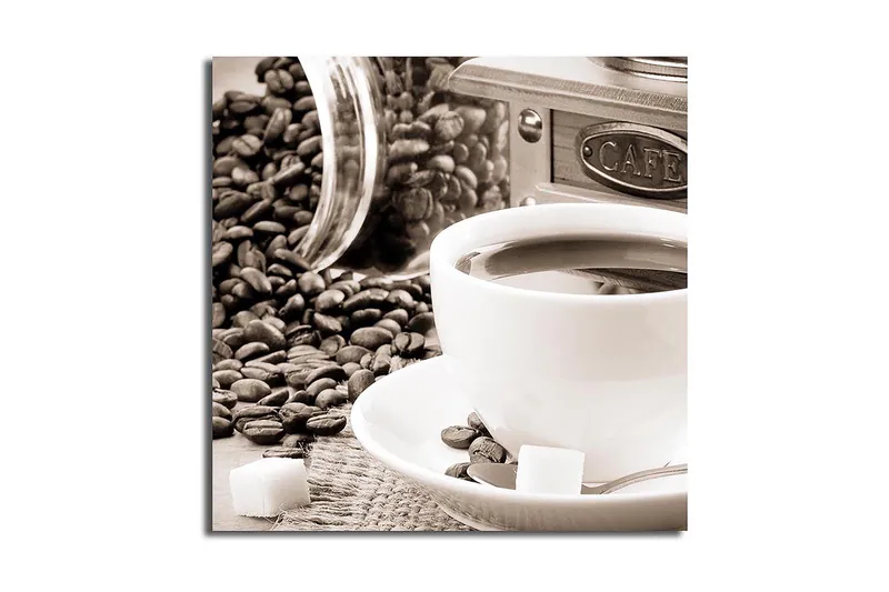 Lerretsbilde 45x45 cm - Kopp kaffe omgitt av kaffebønner og sukkerbiter - Brun / Hvit / Grå - Innredning - Bilder & kunst - Lerretsbilder