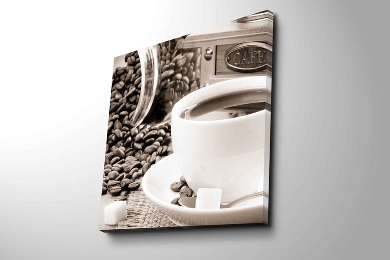 Lerretsbilde 45x45 cm - Kopp kaffe omgitt av kaffebønner og sukkerbiter - Brun / Hvit / Grå - Innredning - Bilder & kunst - Lerretsbilder