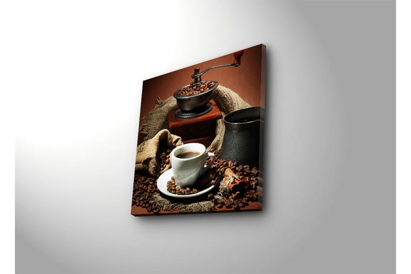 Lerretsbilde 45x45 cm - Kopp nybrygget kaffe omgitt av kaffebønner og en kaffekvern - Mørk brun / Svart / Beige - Innredning - Bilder & kunst - Lerretsbilder
