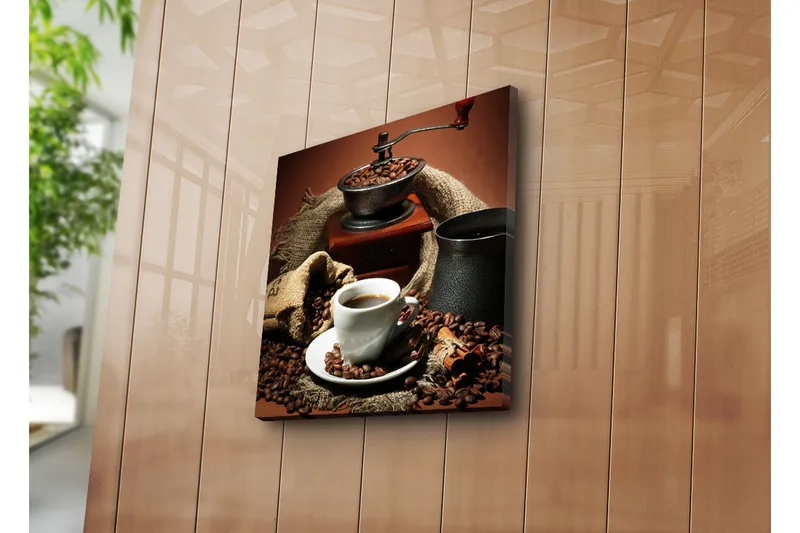 Lerretsbilde 45x45 cm - Kopp nybrygget kaffe omgitt av kaffebønner og en kaffekvern - Mørk brun / Svart / Beige - Innredning - Bilder & kunst - Lerretsbilder