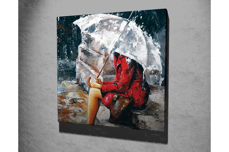 Lerretsbilde 45x45 cm - Kvinne i rød frakk sitter under en paraply i regnet - Rød / Grå / Beige - Innredning - Bilder & kunst - Lerretsbilder