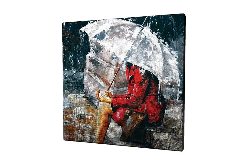Lerretsbilde 45x45 cm - Kvinne i rød frakk sitter under en paraply i regnet, Rød / Grå / Beige