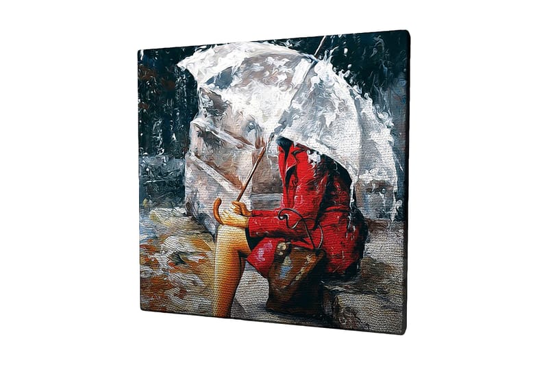 Lerretsbilde 45x45 cm - Kvinne i rød frakk sitter under en paraply i regnet - Rød / Grå / Beige - Innredning - Bilder & kunst - Lerretsbilder