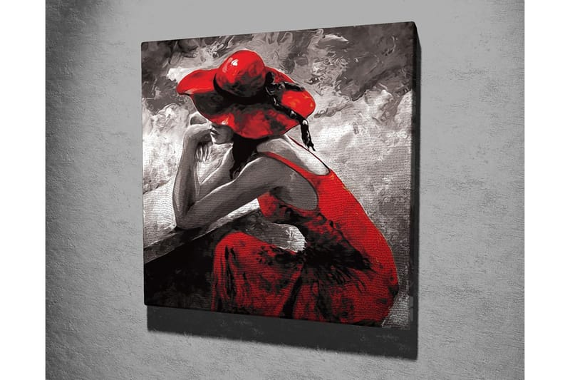 Lerretsbilde 45x45 cm - Kvinnelig figur i rød kjole og hatt som sitter tankefull - Rød / Svart / Grå - Innredning - Bilder & kunst - Lerretsbilder