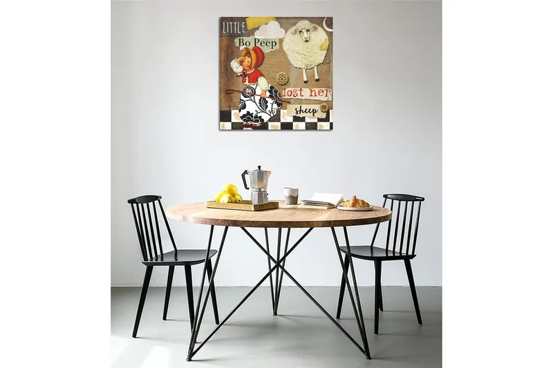 Lerretsbilde 45x45 cm - Leken scene med en jente som leter etter sauene sine, Beige / Svart / Rød