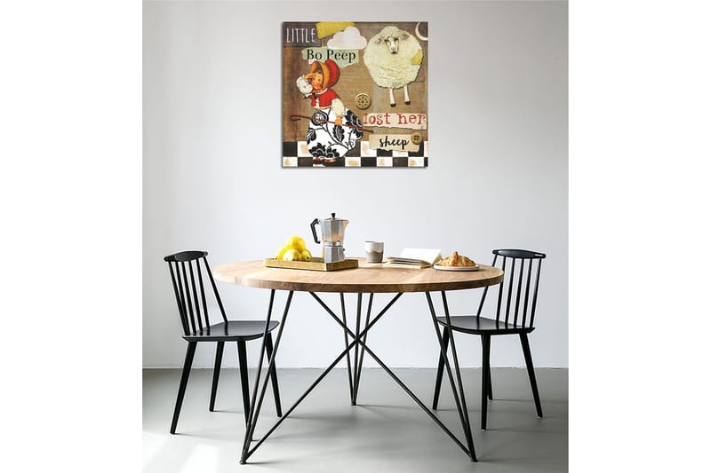 Lerretsbilde 45x45 cm - Leken scene med en jente som leter etter sauene sine, Beige / Svart / Rød