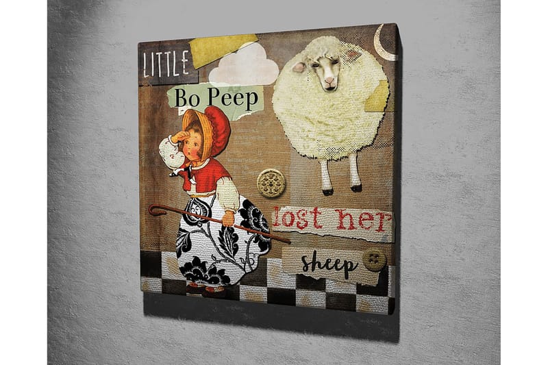 Lerretsbilde 45x45 cm - Leken scene med en jente som leter etter sauene sine - Beige / Svart / Rød - Innredning - Bilder & kunst - Lerretsbilder