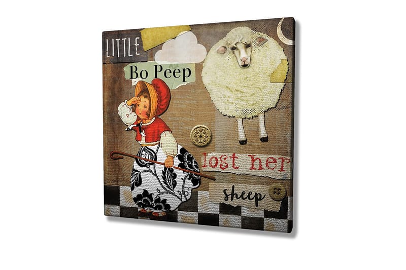 Lerretsbilde 45x45 cm - Leken scene med en jente som leter etter sauene sine - Beige / Svart / Rød - Innredning - Bilder & kunst - Lerretsbilder