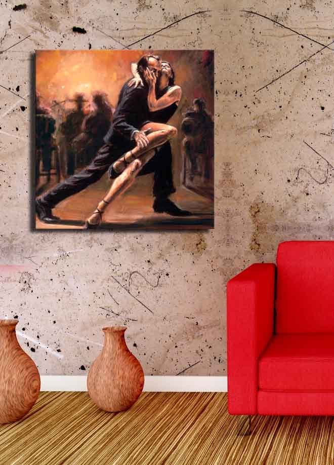 Lerretsbilde 45x45 cm - Lidenskapelig tango mellom to dansere - Mørk rød / Svart / Beige - Innredning - Bilder & kunst - Lerretsbilder