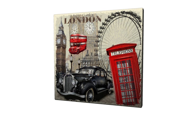 Lerretsbilde 45x45 cm - London-inspirert bybilde med en rød telefonkiosk og en klassisk bil - Rød / Svart / Beige - Innredning - Bilder & kunst - Lerretsbilder