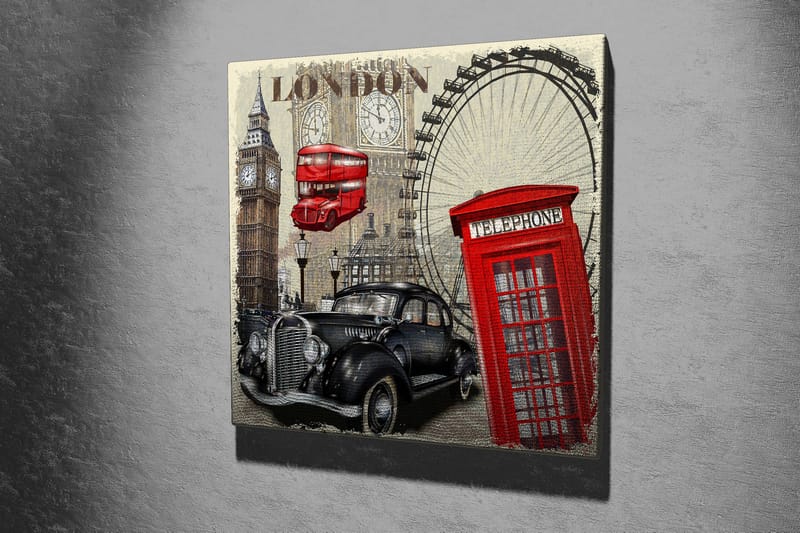 Lerretsbilde 45x45 cm - London-inspirert bybilde med en rød telefonkiosk og en klassisk bil - Rød / Svart / Beige - Innredning - Bilder & kunst - Lerretsbilder