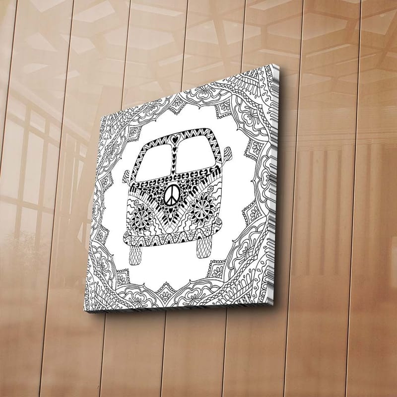 Lerretsbilde 45x45 cm - Mønstret bil med fredssymbol omgitt av dekorative former - Svart / Hvit - Innredning - Bilder & kunst - Lerretsbilder