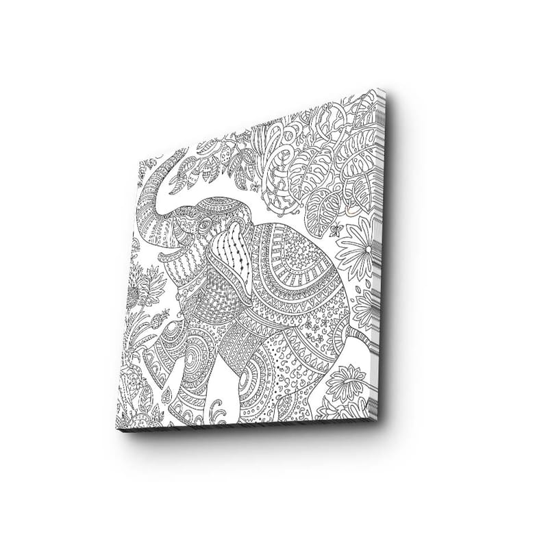 Lerretsbilde 45x45 cm - Mønstret elefant omgitt av blomster og bladverk - Svart / Hvit - Innredning - Bilder & kunst - Lerretsbilder