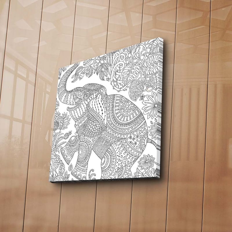 Lerretsbilde 45x45 cm - Mønstret elefant omgitt av blomster og bladverk - Svart / Hvit - Innredning - Bilder & kunst - Lerretsbilder