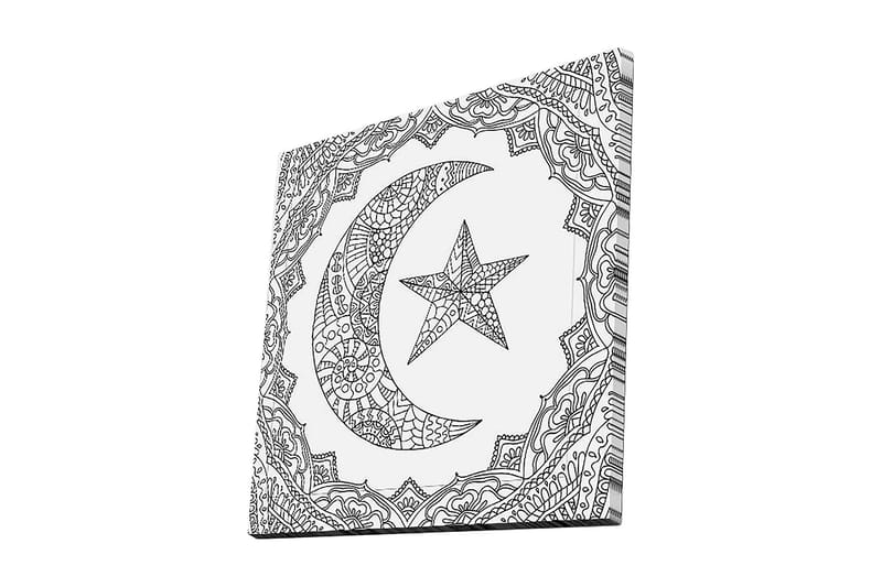 Lerretsbilde 45x45 cm - Mønstret halvmåne og stjerne i dekorativ ramme - Svart / Hvit - Innredning - Bilder & kunst - Lerretsbilder