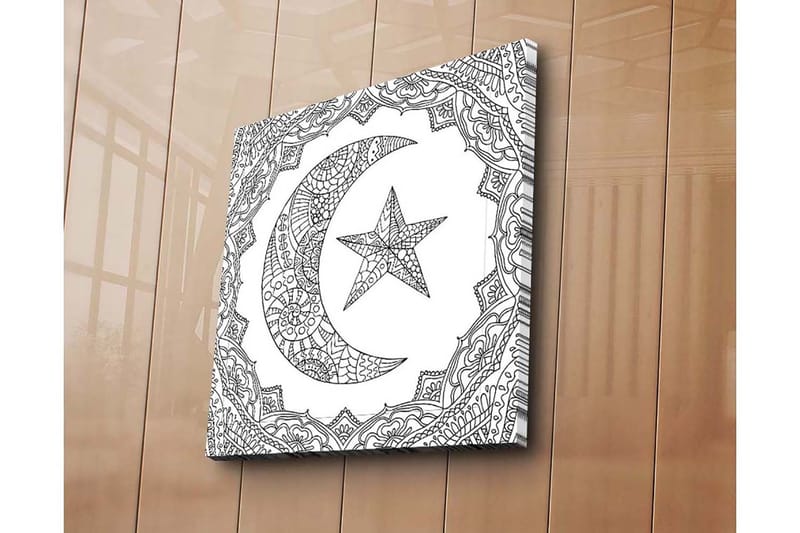 Lerretsbilde 45x45 cm - Mønstret halvmåne og stjerne i dekorativ ramme - Svart / Hvit - Innredning - Bilder & kunst - Lerretsbilder