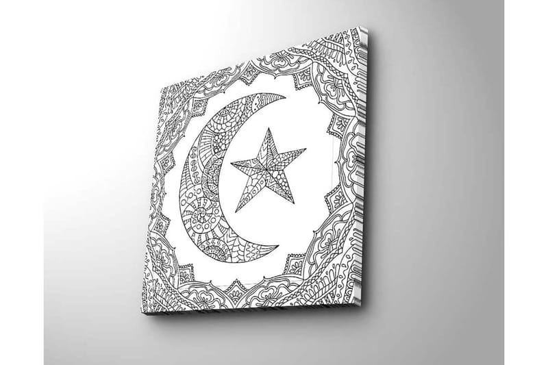 Lerretsbilde 45x45 cm - Mønstret halvmåne og stjerne i dekorativ ramme - Svart / Hvit - Innredning - Bilder & kunst - Lerretsbilder