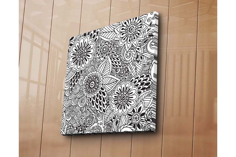 Lerretsbilde 45x45 cm - Mønstret komposisjon av blomster og blader, Svart / Hvit
