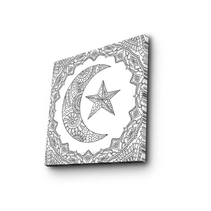 Lerretsbilde 45x45 cm - Mønstret måne og stjerne i dekorativ ramme - Svart / Hvit - Innredning - Bilder & kunst - Lerretsbilder