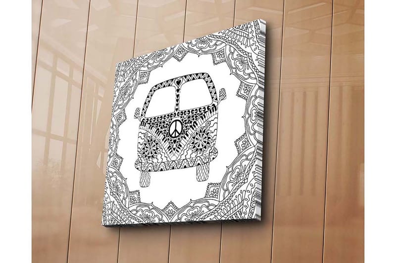Lerretsbilde 45x45 cm - Mønstret varebil med fredssymbol i dekorativ ramme - Svart / Hvit - Innredning - Bilder & kunst - Lerretsbilder