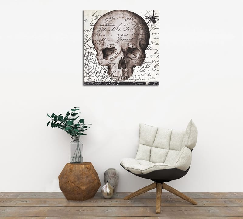 Lerretsbilde 45x45 cm - Mørk hodeskalle med håndskrevet tekst og edderkoppmotiv, Grå / Svart / Beige