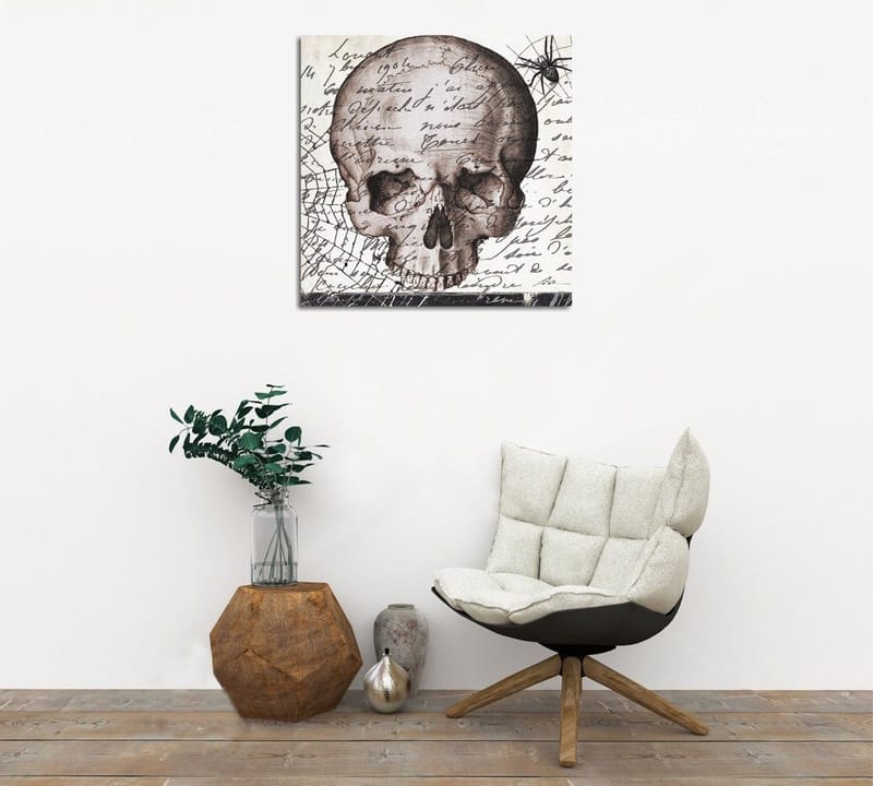 Lerretsbilde 45x45 cm - Mørk hodeskalle med håndskrevet tekst og edderkoppmotiv, Grå / Svart / Beige