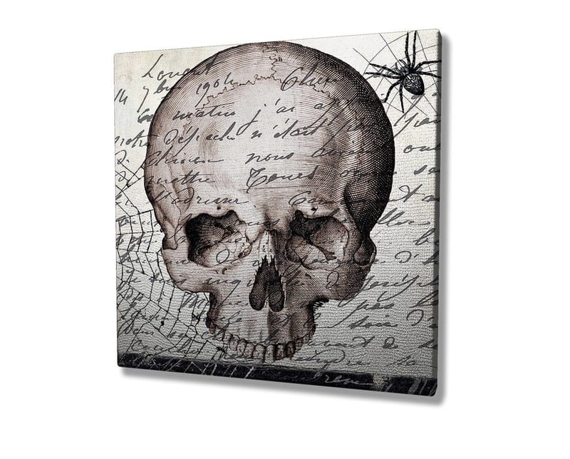 Lerretsbilde 45x45 cm - Mørk hodeskalle med håndskrevet tekst og edderkoppmotiv - Grå / Svart / Beige - Innredning - Bilder & kunst - Lerretsbilder