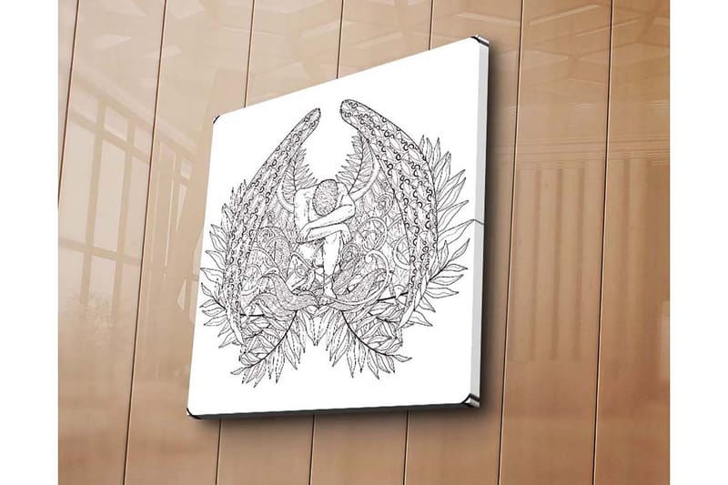 Lerretsbilde 45x45 cm - Mørk og detaljert skulptur av en sittende figur omgitt av fjær og vegetasjon - Svart / Hvit - Innredning - Bilder & kunst - Lerretsbilder