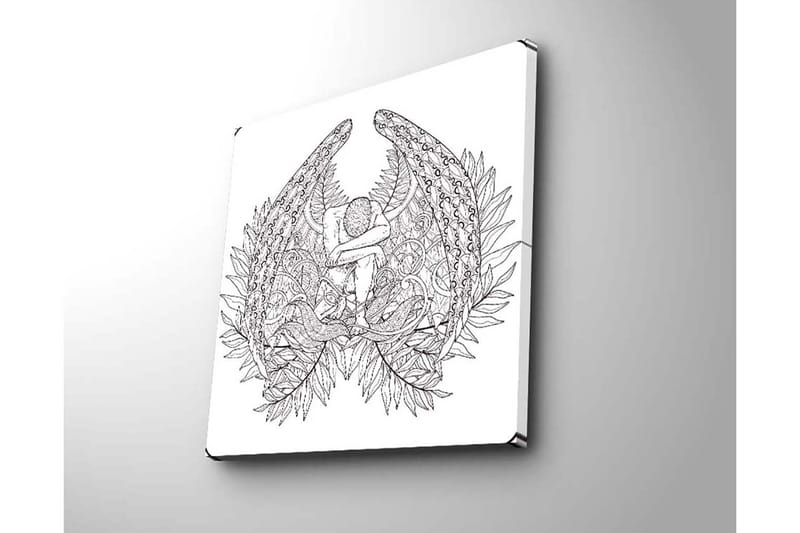 Lerretsbilde 45x45 cm - Mørk og detaljert skulptur av en sittende figur omgitt av fjær og vegetasjon - Svart / Hvit - Innredning - Bilder & kunst - Lerretsbilder