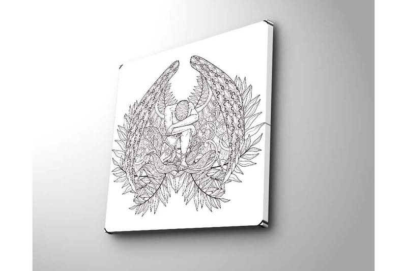 Lerretsbilde 45x45 cm - Mørk og detaljert skulptur av en sittende figur omgitt av fjær og vegetasjon - Svart / Hvit - Innredning - Bilder & kunst - Lerretsbilder
