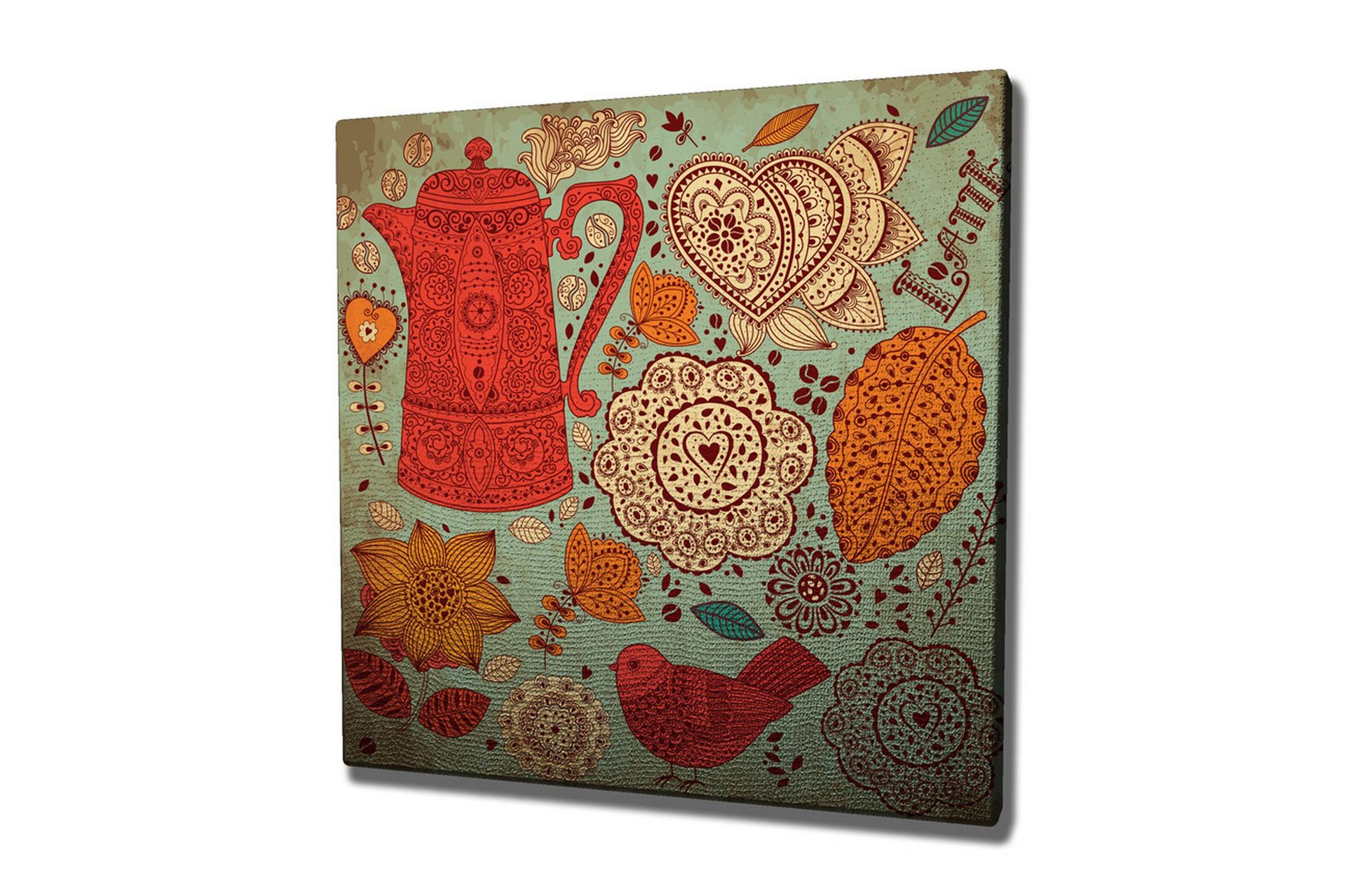 Lerretsbilde 45x45 cm - Mønstret tekanne omgitt av blomster og blader - Rød / Oransje / Gul