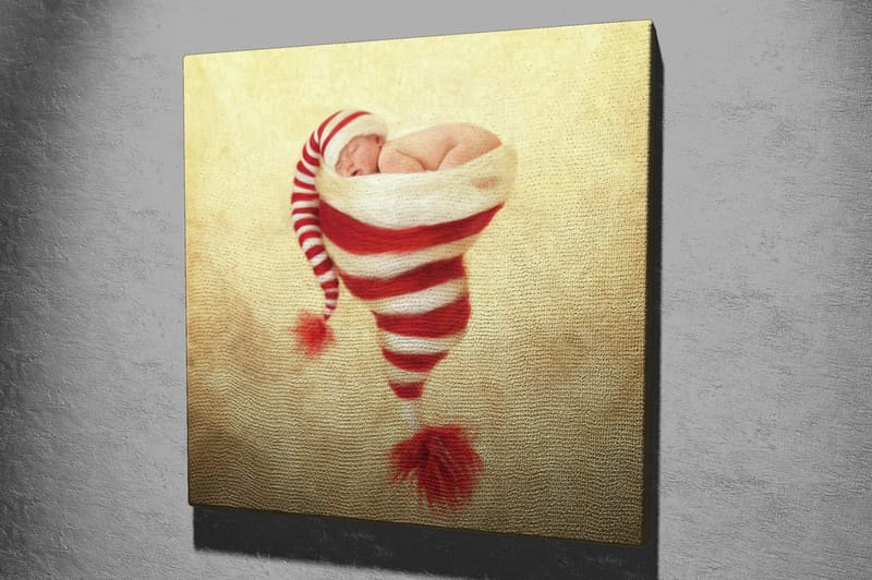 Lerretsbilde 45x45 cm - Nyfødt baby i julehatt med røde og hvite striper - Rød / Hvit / Beige - Innredning - Bilder & kunst - Lerretsbilder