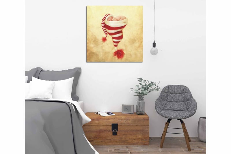 Lerretsbilde 45x45 cm - Nyfødt baby i julehatt med røde og hvite striper - Rød / Hvit / Beige - Innredning - Bilder & kunst - Lerretsbilder