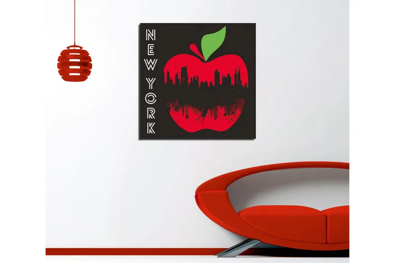 Lerretsbilde 45x45 cm - Rød epleform med New York-silhuett i svart - Rød / Svart / Grønn - Innredning - Bilder & kunst - Lerretsbilder